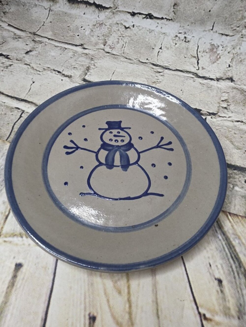 BBP Beaumont Bros Pottery Salt Glazed Plate Gray Blue  Christmas Snowman 7” 1999